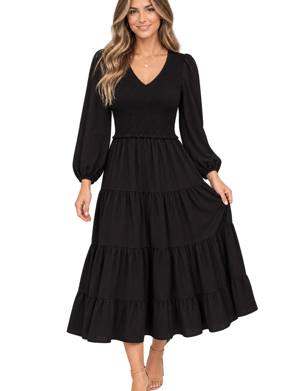 PrettyGarden Black Smocked Flowy V Neck Maxi Dress Tiered Ruffles Medium